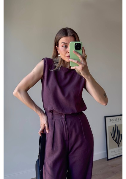 Bordo Vatkalı Kolsuz Keten Bluz Pantolon Takım indirimleri