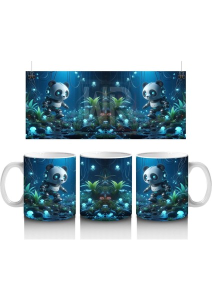 Çocuklara Sütü Sevdiren Işıltılı Ormanda Keşfe Çıkan Robot Panda Desenli Kupa Bardak
