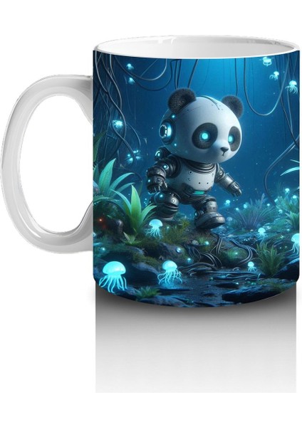 Çocuklara Sütü Sevdiren Işıltılı Ormanda Keşfe Çıkan Robot Panda Desenli Kupa Bardak