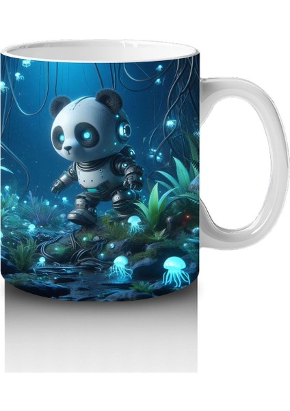 Çocuklara Sütü Sevdiren Işıltılı Ormanda Keşfe Çıkan Robot Panda Desenli Kupa Bardak