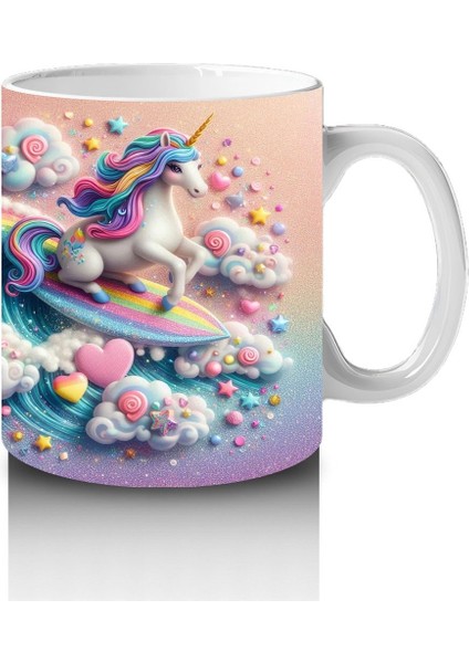 Çocuklara Sütü Sevdiren Gökkuşağında Sörf Yapan Unicorn Desenli Kupa Bardak fırsatları
