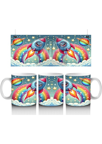 Çocuklara Sütü Sevdiren Gökkuşağı ve Sevimli Roket Yolculuğu Desenli Kupa Bardak