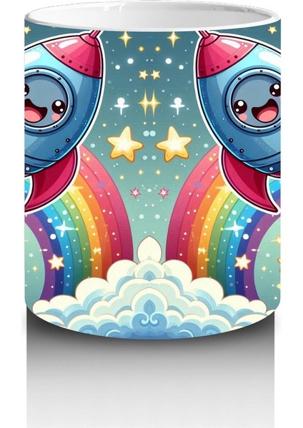 Çocuklara Sütü Sevdiren Gökkuşağı ve Sevimli Roket Yolculuğu Desenli Kupa Bardak modelleri