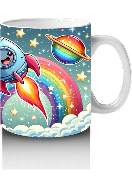 Çocuklara Sütü Sevdiren Gökkuşağı ve Sevimli Roket Yolculuğu Desenli Kupa Bardak fırsatları