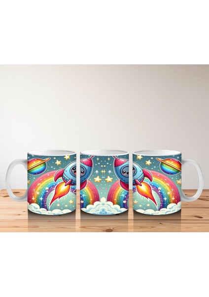 Çocuklara Sütü Sevdiren Gökkuşağı ve Sevimli Roket Yolculuğu Desenli Kupa Bardak indirimleri