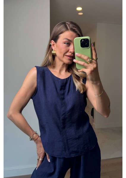 Lacivert Sıfır Kollu Önü Düğmeli Bol Paça Bluz Pantolon Takım fırsatları