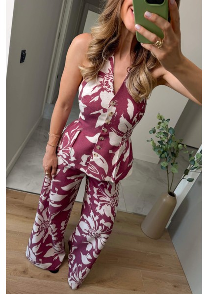 Bordo Ekru Çiçekli Düğmeli Pantolon Bluz Keten Takım