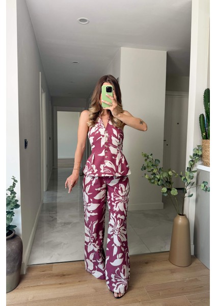 Bordo Ekru Çiçekli Düğmeli Pantolon Bluz Keten Takım fiyatları
