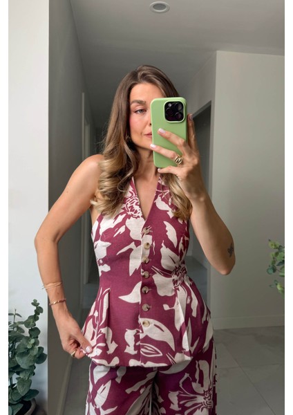 Bordo Ekru Çiçekli Düğmeli Pantolon Bluz Keten Takım modelleri