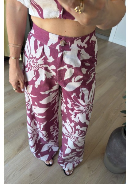 Bordo Ekru Çiçekli Düğmeli Pantolon Bluz Keten Takım fırsatları