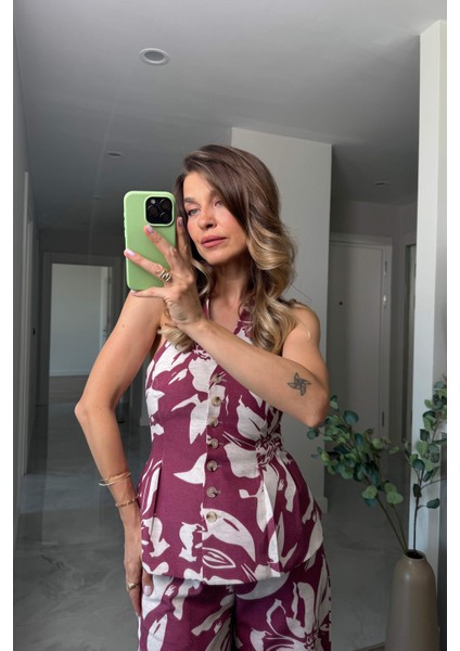 Bordo Ekru Çiçekli Düğmeli Pantolon Bluz Keten Takım indirimleri