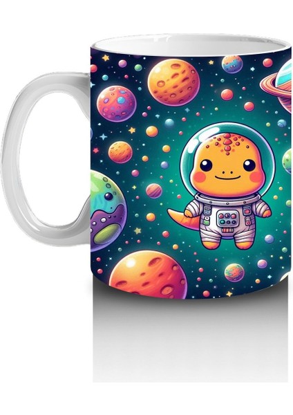 Çocuklara Sütü Sevdiren Sevimli Astronot Dinozor ve Renkli Gezegenler Desenli Kupa Bardak
