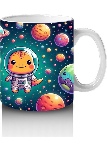 Çocuklara Sütü Sevdiren Sevimli Astronot Dinozor ve Renkli Gezegenler Desenli Kupa Bardak
