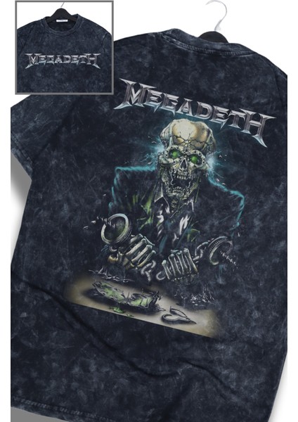 Oversize Skull Megadeth Sırt Baskılı Yıkamalı T-Shirt, Unisex Rock Band Temalı Retro Tişört