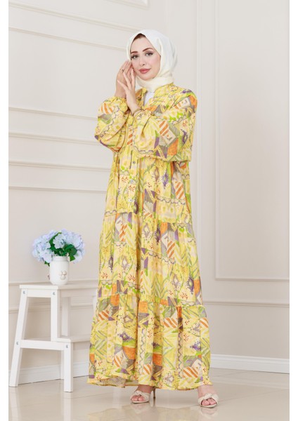 Etnik Desen Robalı Elbise-Sarı