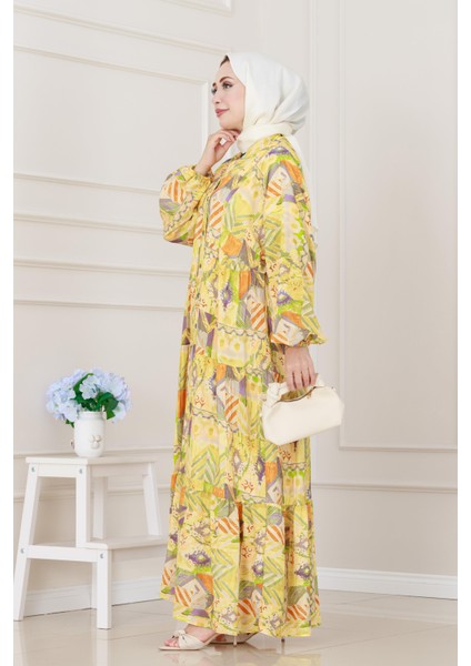 Etnik Desen Robalı Elbise-Sarı