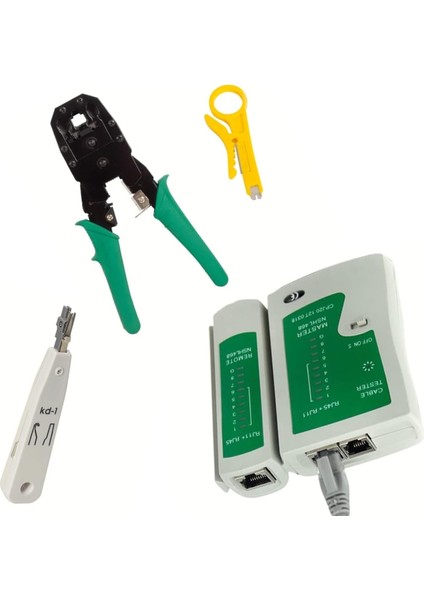 RJ45 RJ11 Rj9 Jack Telefon Data Kablosu Sıkma Çakma Pensesi + Cat5 Cat6 Data Telefon Kablosu Test Cihazı +Kablo Soyucusu +100 Adet RJ45 Jack Set
