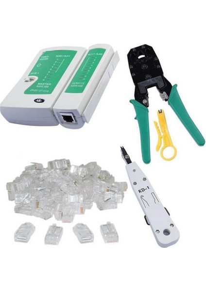 RJ45 RJ11 Rj9 Jack Telefon Data Kablosu Sıkma Çakma Pensesi + Cat5 Cat6 Data Telefon Kablosu Test Cihazı +Kablo Soyucusu +100 Adet RJ45 Jack Set