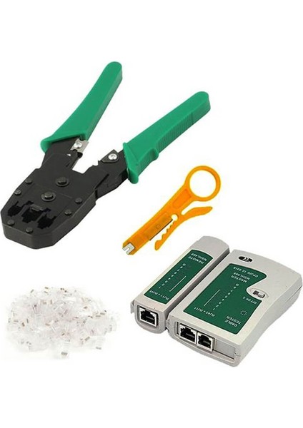 RJ45 RJ11 Rj9 Jack Telefon Data Kablosu Sıkma Çakma Pensesi + Cat5 Cat6 Data Telefon Kablosu Test Cihazı +Kablo Soyucusu +100 Adet RJ45 Jack Set