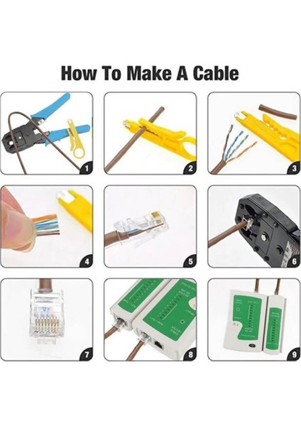 RJ45 RJ11 Rj9 Jack Telefon Data Kablosu Sıkma Çakma Pensesi + Cat5 Cat6 Data Telefon Kablosu Test Cihazı +Kablo Soyucusu +100 Adet RJ45 Jack Set