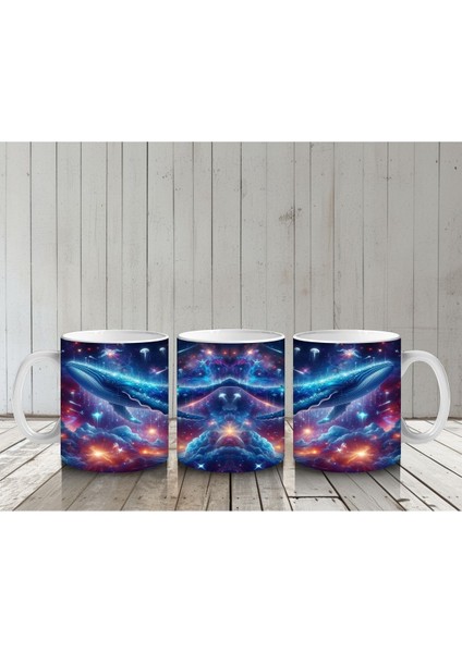 Çocuklara Sütü Sevdiren Galakside Yüzen Dev Mavi Balina Desenli Kupa Bardak