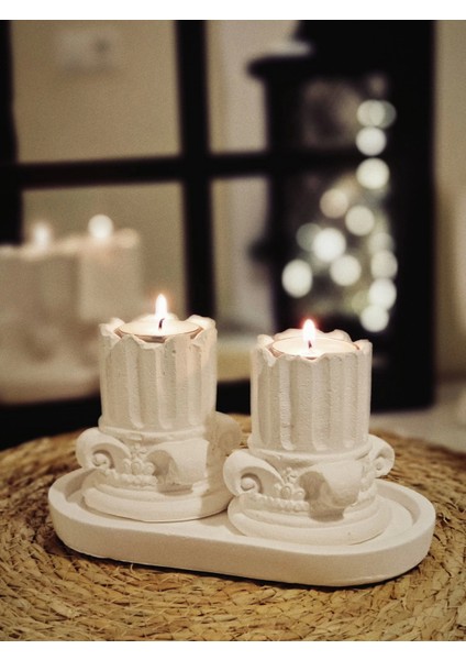 Tepside Dekoratif 2'li Yıkılmış Roma Sütunu 8cm ve 2 Adet Tealight Mum Hediyeli
