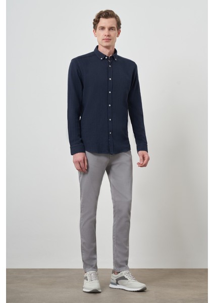 Erkek Lacivert Trend Keten Slim Fit Düğmeli Yaka Gömlek fiyatları