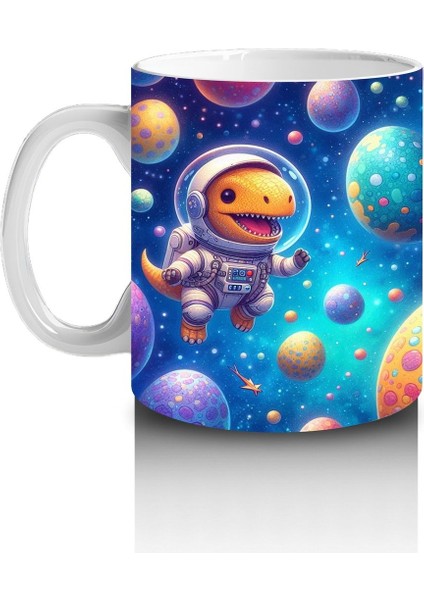 Çocuklara Sütü Sevdiren Renkli Gezegenler Arasında Yüzen Astronot Dinozor Desenli Kupa Bardak