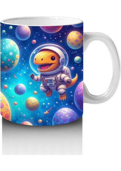 Çocuklara Sütü Sevdiren Renkli Gezegenler Arasında Yüzen Astronot Dinozor Desenli Kupa Bardak