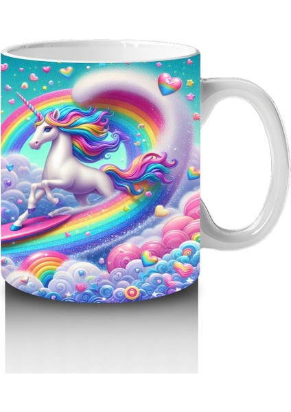 Çocuklara Sütü Sevdiren Kalplerle Dans Eden Gökkuşağı Unicorn Kupa Bardak