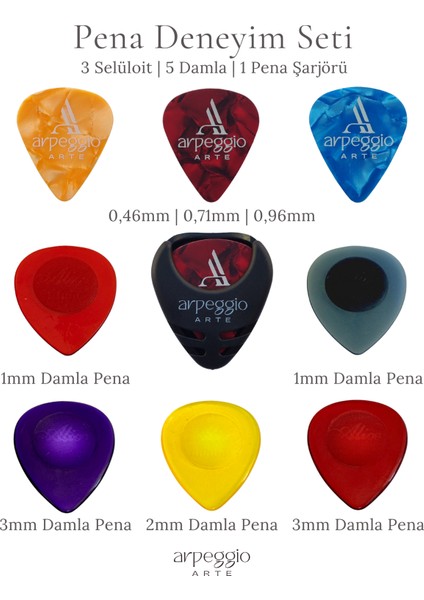 Gitar Pena Deneyim Seti – 3 Selüloid Pena - 5 Damla Pena - Pena Şarjörü Hediyeli