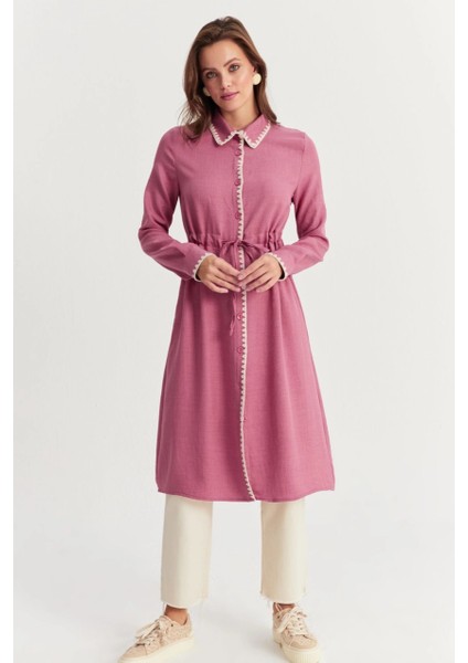 Kadın Gül Kurusu Garnili Gömlek Midi Elbise MASF10