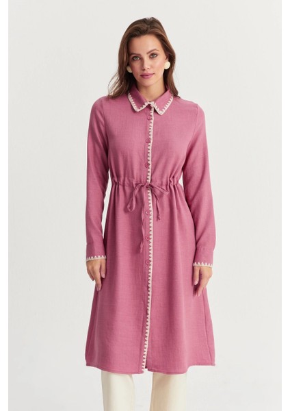 Kadın Gül Kurusu Garnili Gömlek Midi Elbise MASF10 fiyatları