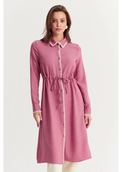 Kadın Gül Kurusu Garnili Gömlek Midi Elbise MASF10 modelleri