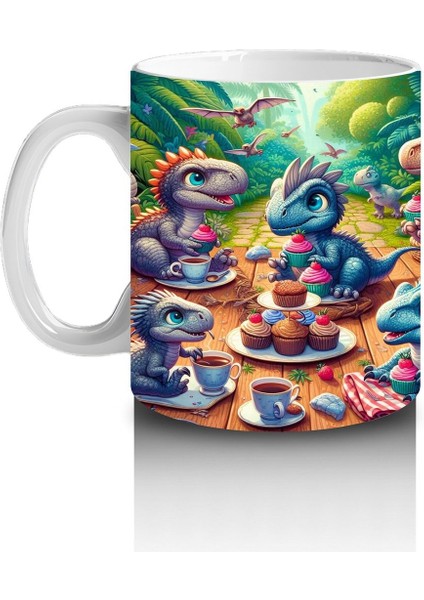 Çocuklara Sütü Sevdiren Piknikte Tatlı Keyfi Yapan Sevimli Dinozorlar Desenli Kupa Bardak