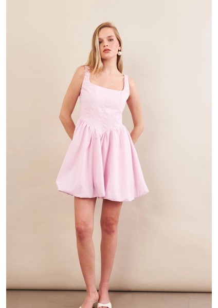 Kadın Pembe Askılı Mini Balon Elbise ERL105 modelleri
