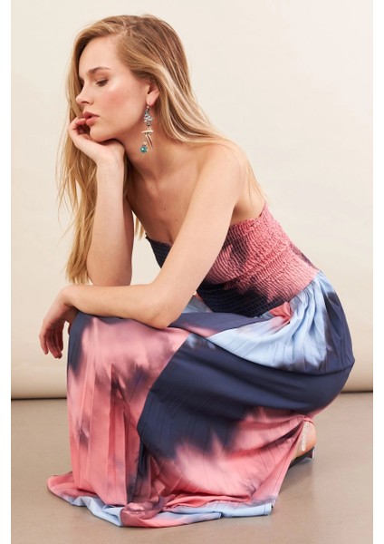 Kadın İndigo-Pudra Straplez Pilise Uzun Elbise MSİ100