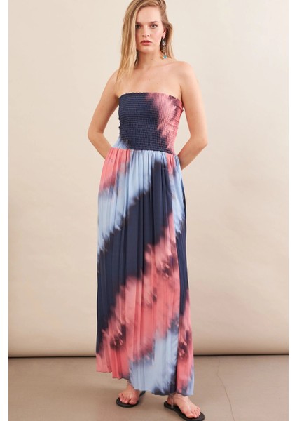 Kadın İndigo-Pudra Straplez Pilise Uzun Elbise MSİ100 fiyatları