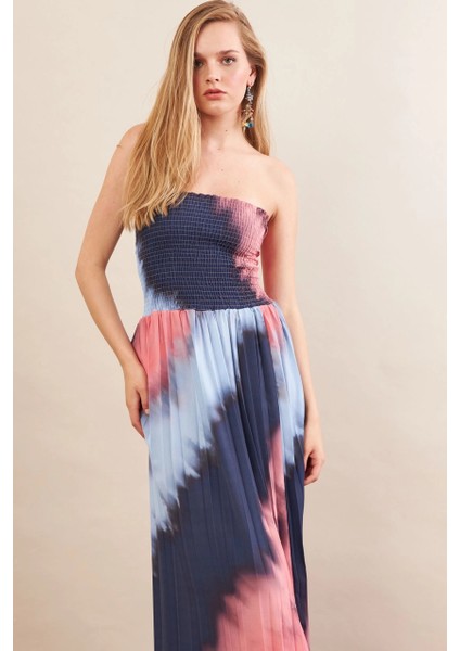 Kadın İndigo-Pudra Straplez Pilise Uzun Elbise MSİ100 modelleri