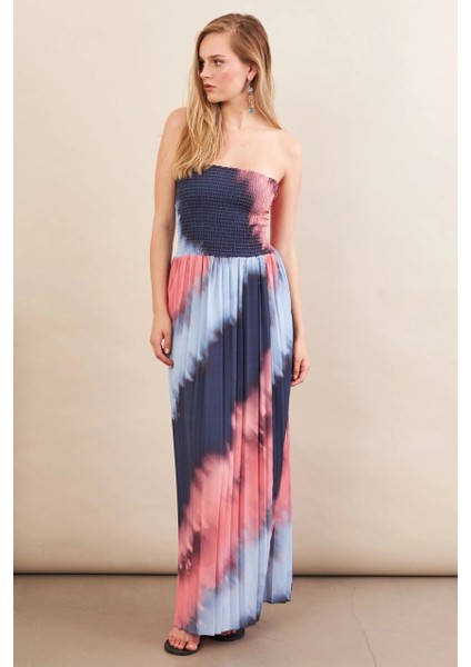 Kadın İndigo-Pudra Straplez Pilise Uzun Elbise MSİ100 fırsatları