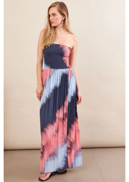 Kadın İndigo-Pudra Straplez Pilise Uzun Elbise MSİ100 indirimleri