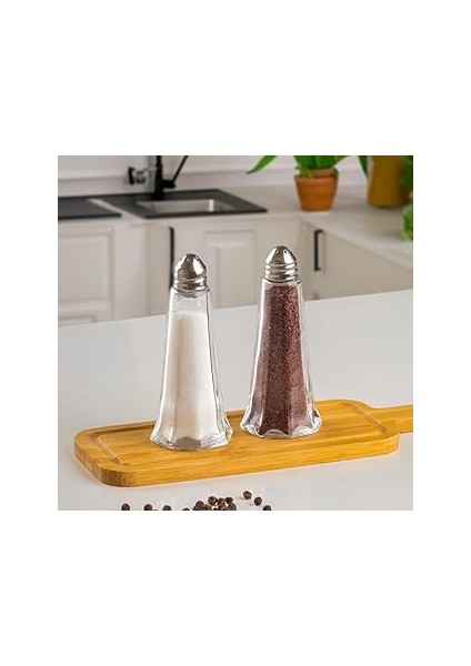 15332 2'li Cam Gövdeli Metal Krom Kapaklı Tuzluk Biberlik - Baharatlık Karabiberlik Seti -