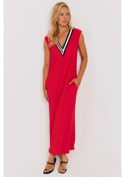 Kadın Kırmızı V Yaka Bloklu Maxi Elbise EY2779 indirimleri