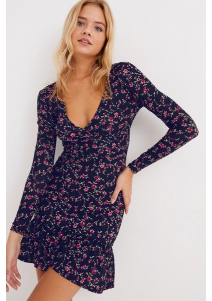 Kadın Lacivert Kruvaze Volanlı Mevsimlik Skater Elbise EY1027