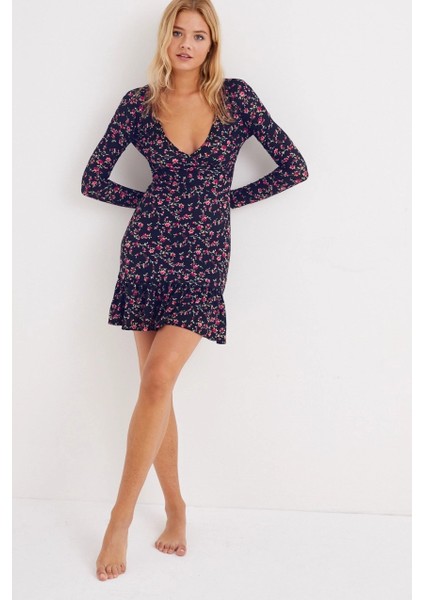 Kadın Lacivert Kruvaze Volanlı Mevsimlik Skater Elbise EY1027 fiyatları