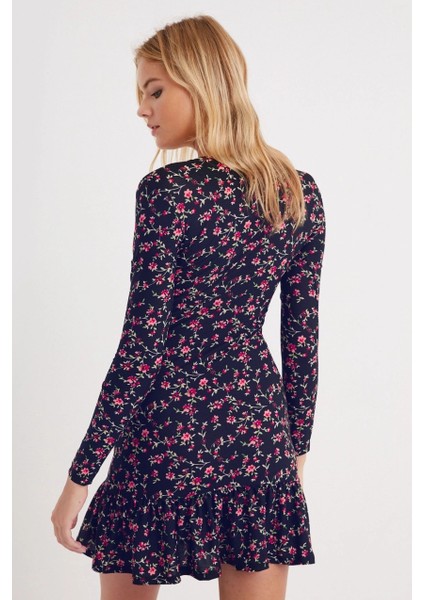 Kadın Lacivert Kruvaze Volanlı Mevsimlik Skater Elbise EY1027 modelleri