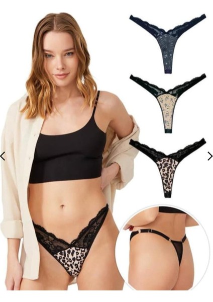 3'lü Tanga, Külot, Desenli Lazer Kesim Dantelli Tanga, Tanga, G-String Külot, Kadın Külot