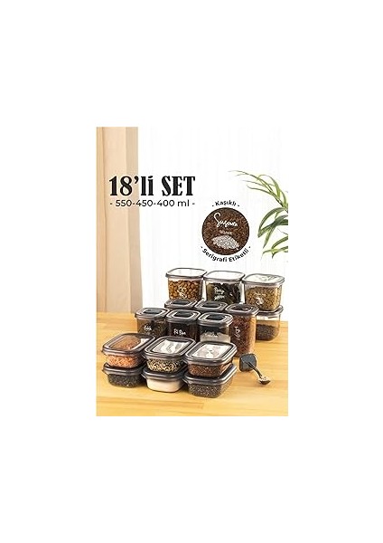 18LI Etiketli Kaşıklı Baharat Saklama Kabı Seti Çeyiz Pakedi Full Set 6x(0,40, 0,45,