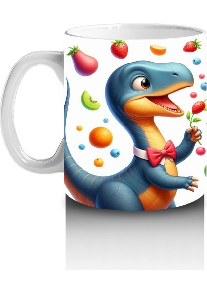 Çocuklara Sütü Sevdiren Meyve Şöleni Yapan Dinozor Desenli Kupa Bardak