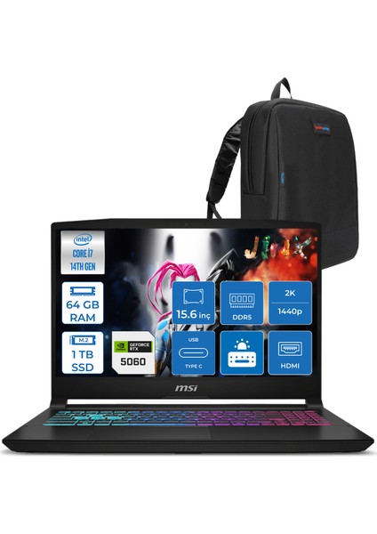 Msı Katana 15 Hx B14WFK-449XTR 14. Nesil Intel İ7-14650HX 64GB Ddr5 1tb SSD 8GB/RTX5060 115W 15.6" Qhd 2560X1440 165Hz IPS Freedos Taşınabilir Bilgisayar. W449XTRF18+ZETTAÇANTA